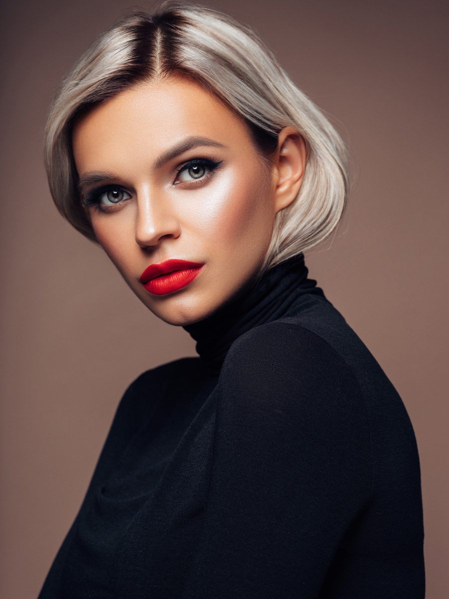 Platinum colour and bold red lip